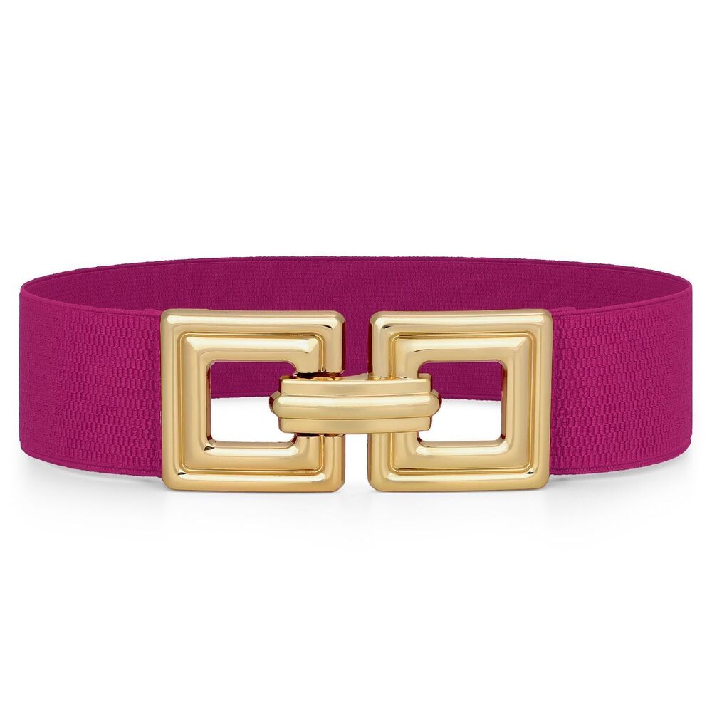 4353 Women Wide Elastic Waist Belt Fashion Hollow Out Square Gold Buckle